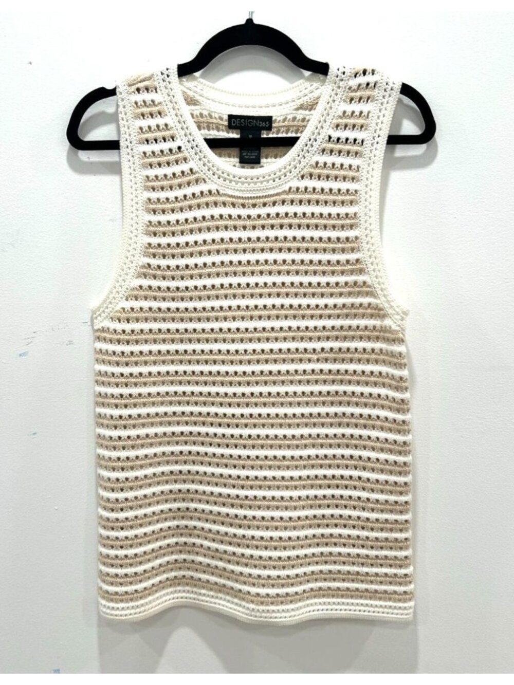 Design 365 White & Beige Crochet Stripe Tank Top Medium Rayon Cotton Blend